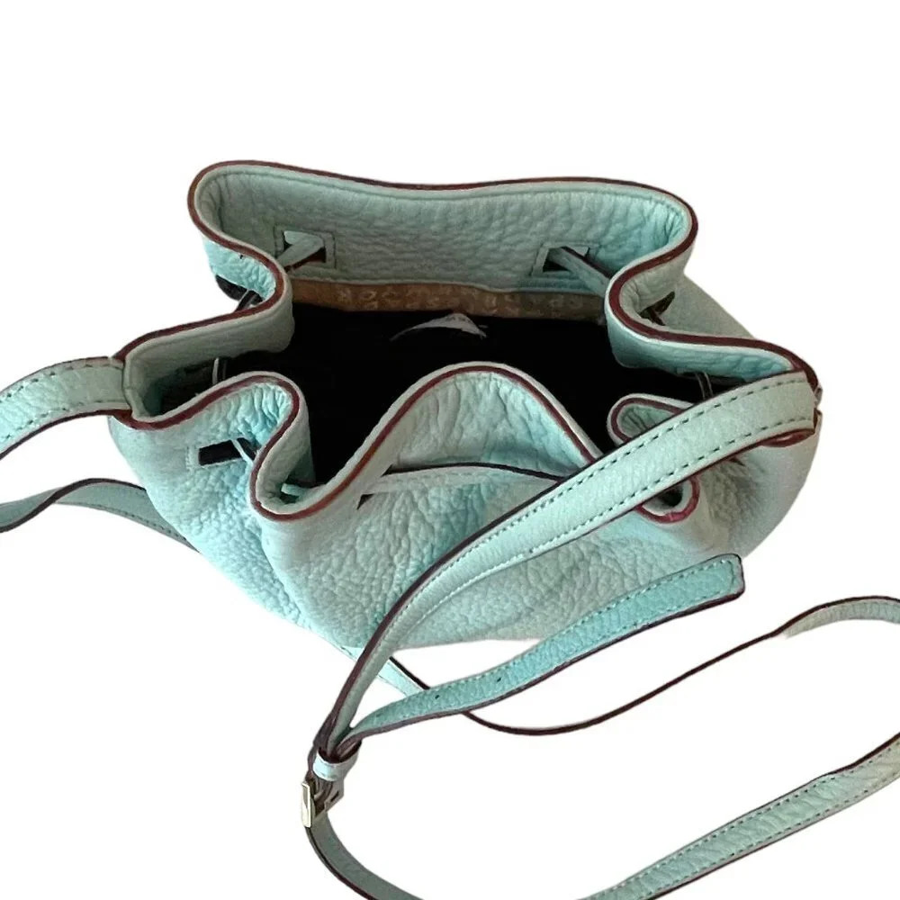 Kate Spade Copper Drawstring Bucket Bag Small Crossbody Strap Lined Light Blue